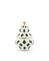 Alessi Delight bon bon container by Nika Zupanc in hand-decorated white porcelain with green diamond pattern, gold trim and gold finial.