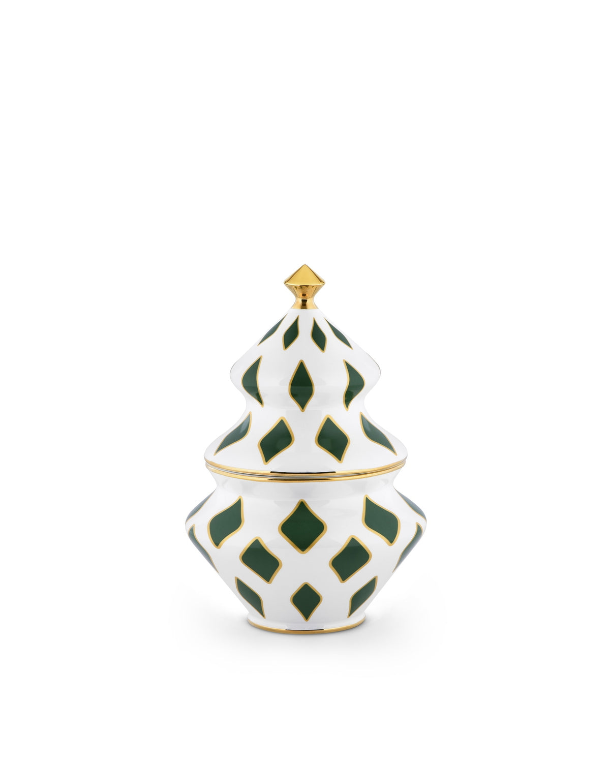 Alessi Delight bon bon container by Nika Zupanc in hand-decorated white porcelain with green diamond pattern, gold trim and gold finial.