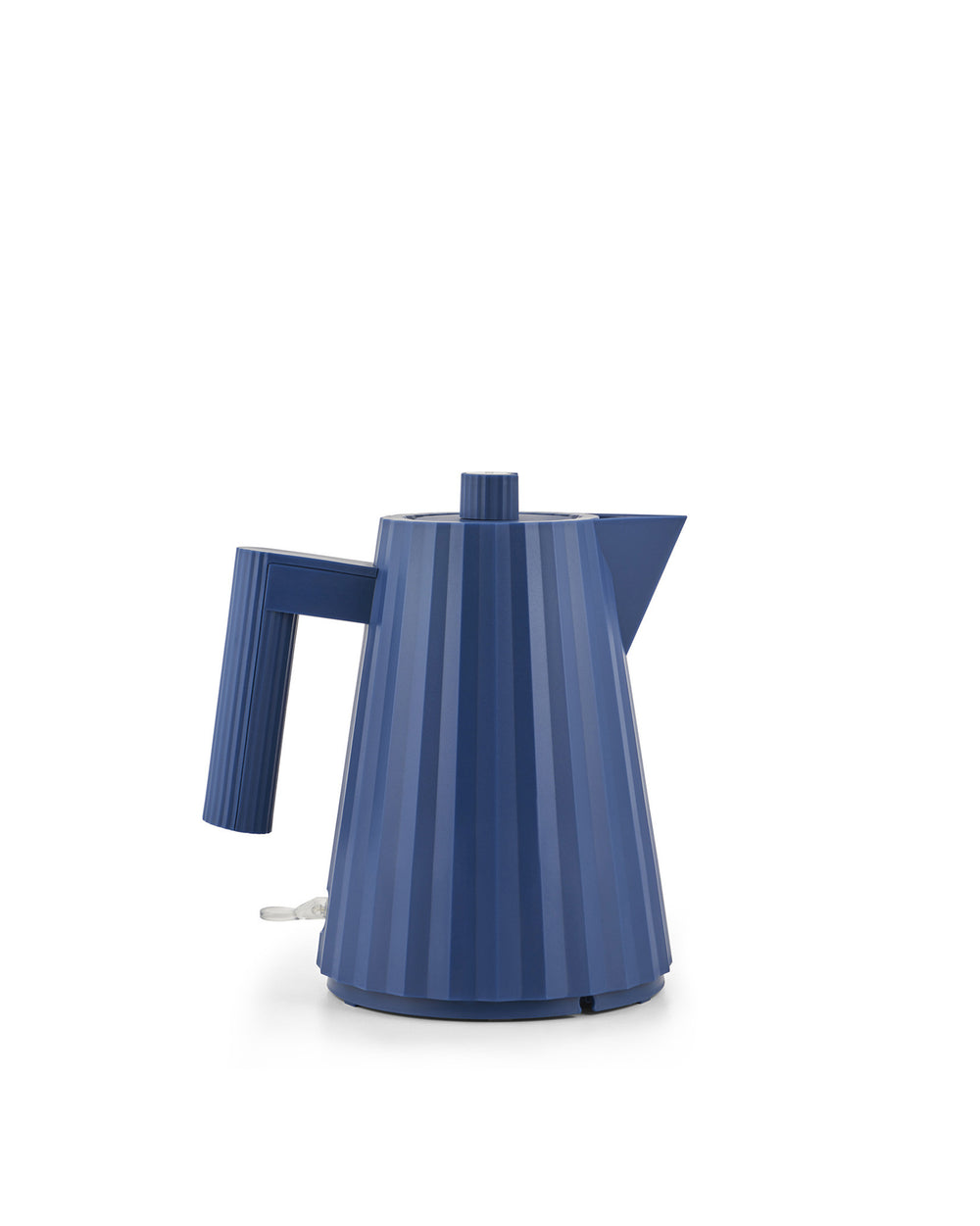 Blue pleated electric kettle by Alessi, with a textured body of vertical ridges.