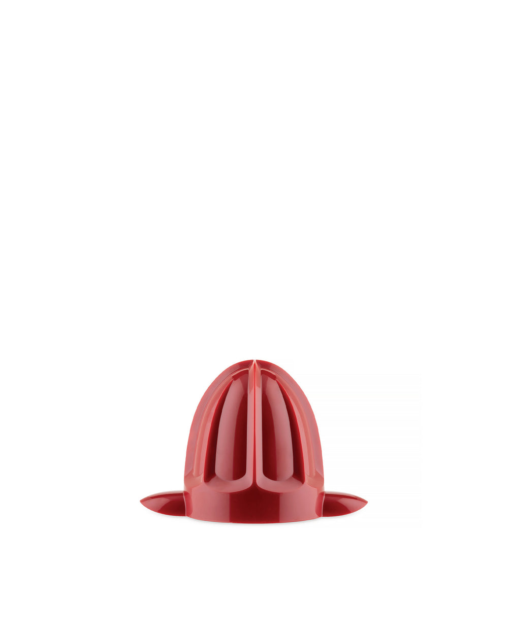 Red plastic reamer cone by Alessi, with a ridged design, standing upright on a white background.