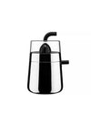 Shiny silver and black electric citrus-squeezer by Alessi, with a clear top, internal black reamer, and curved top spout.