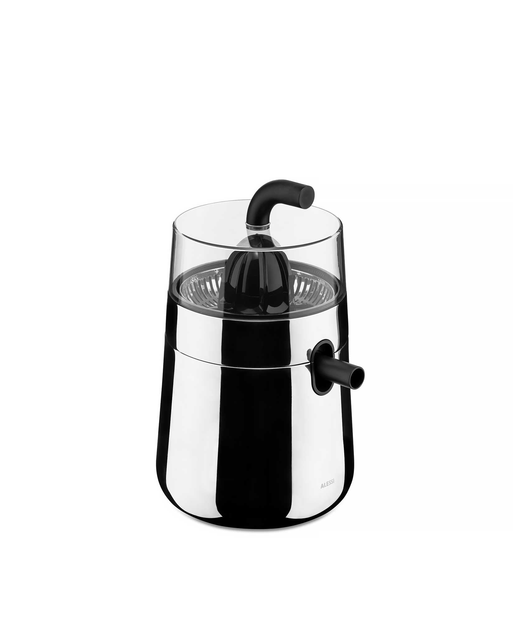 Chrome-plated electric citrus-squeezer by Alessi with a clear glass top, black reamer, and pour spout.