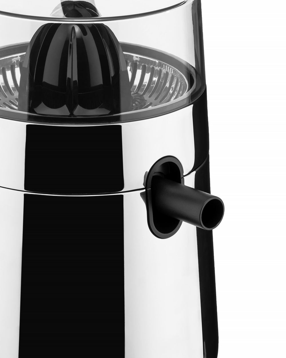 Chrome electric citrus juicer by Alessi with black reamer and clear lid, side view.