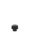 Black knob-like spare part by Alessi with vertical ridges and a concave top.