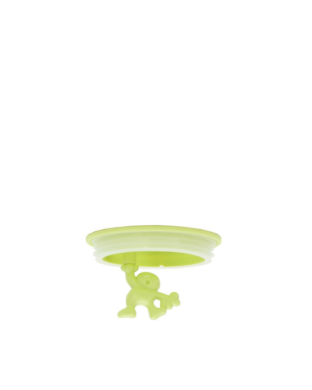 Light green stopper spare part by Alessi with a small humanoid figure hanging underneath.
