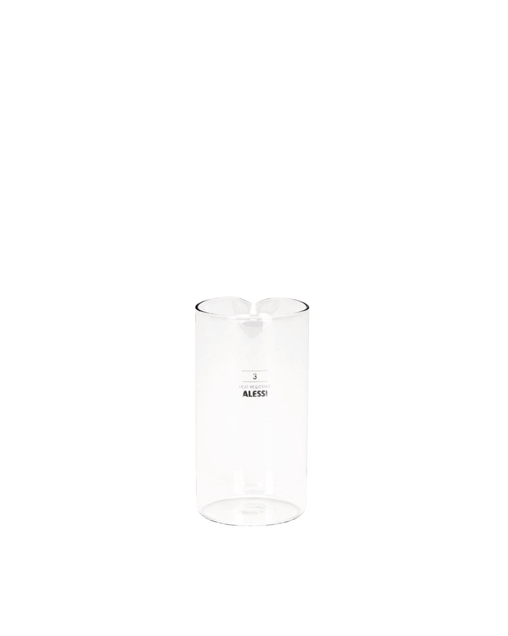 Clear glass carafe spare part by Alessi with a double-spout rim and printed text including '3' and 'HEAT RESISTANT'.