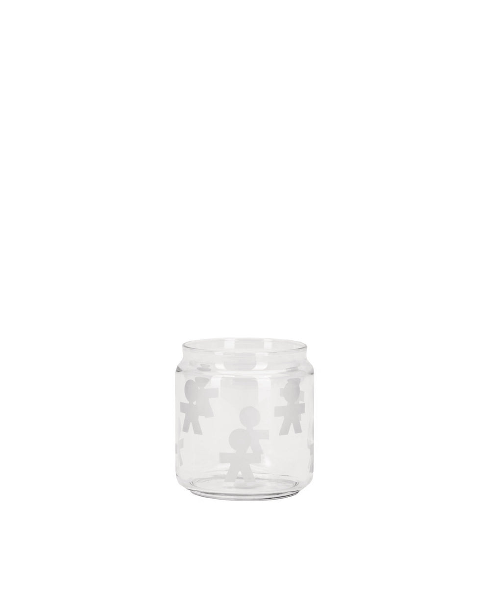 Clear glass jar by Alessi, decorated with frosted human-like figures.