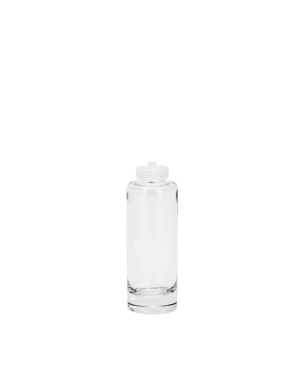Clear glass bottle with white plastic cap by Alessi, cylindrical and upright.