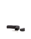 Black L-shaped and oval spare parts by Alessi with two silver screws, against a white background.