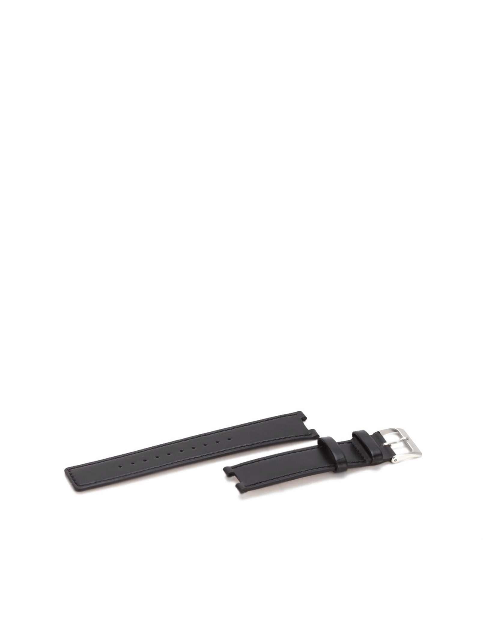 Black leather watch strap by Alessi, featuring a silver-tone buckle and stitched edges.
