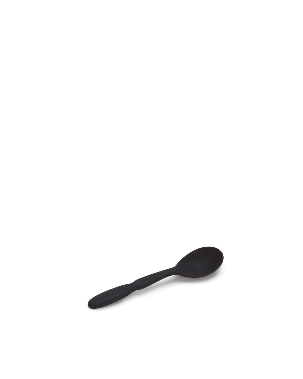 Black matte spoon by Alessi, lying angled on a white surface.
