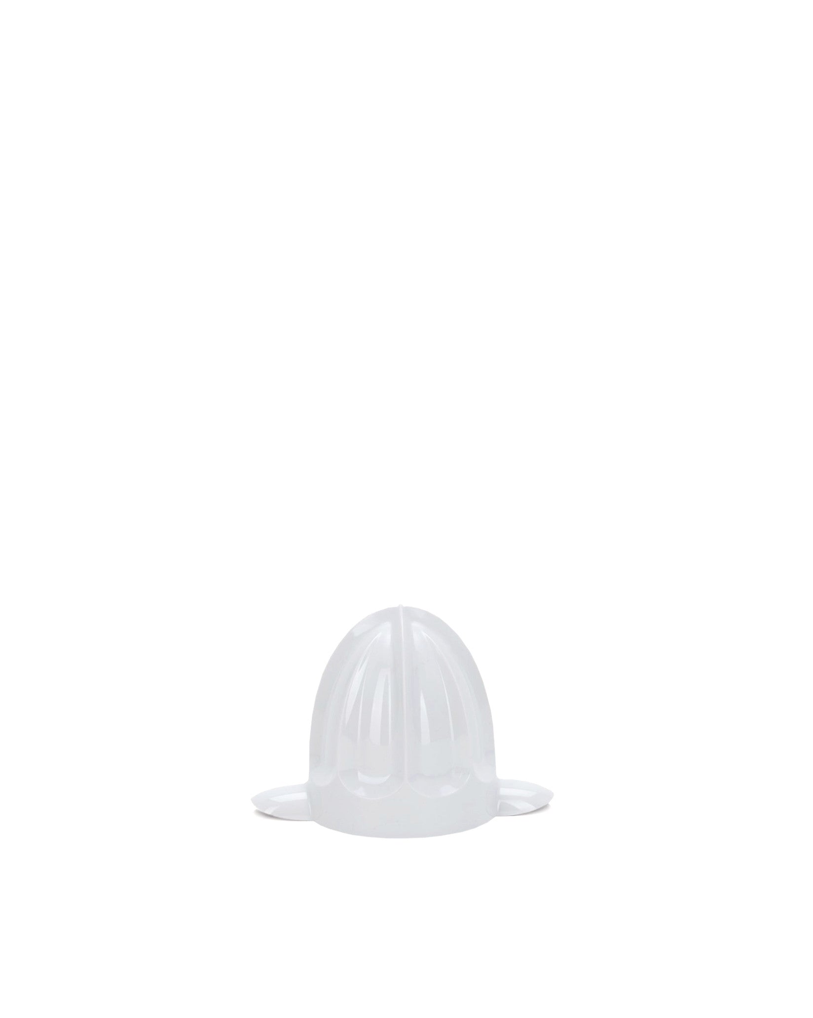 White translucent plastic juicer cone by Alessi, with a ribbed surface and small side wings.