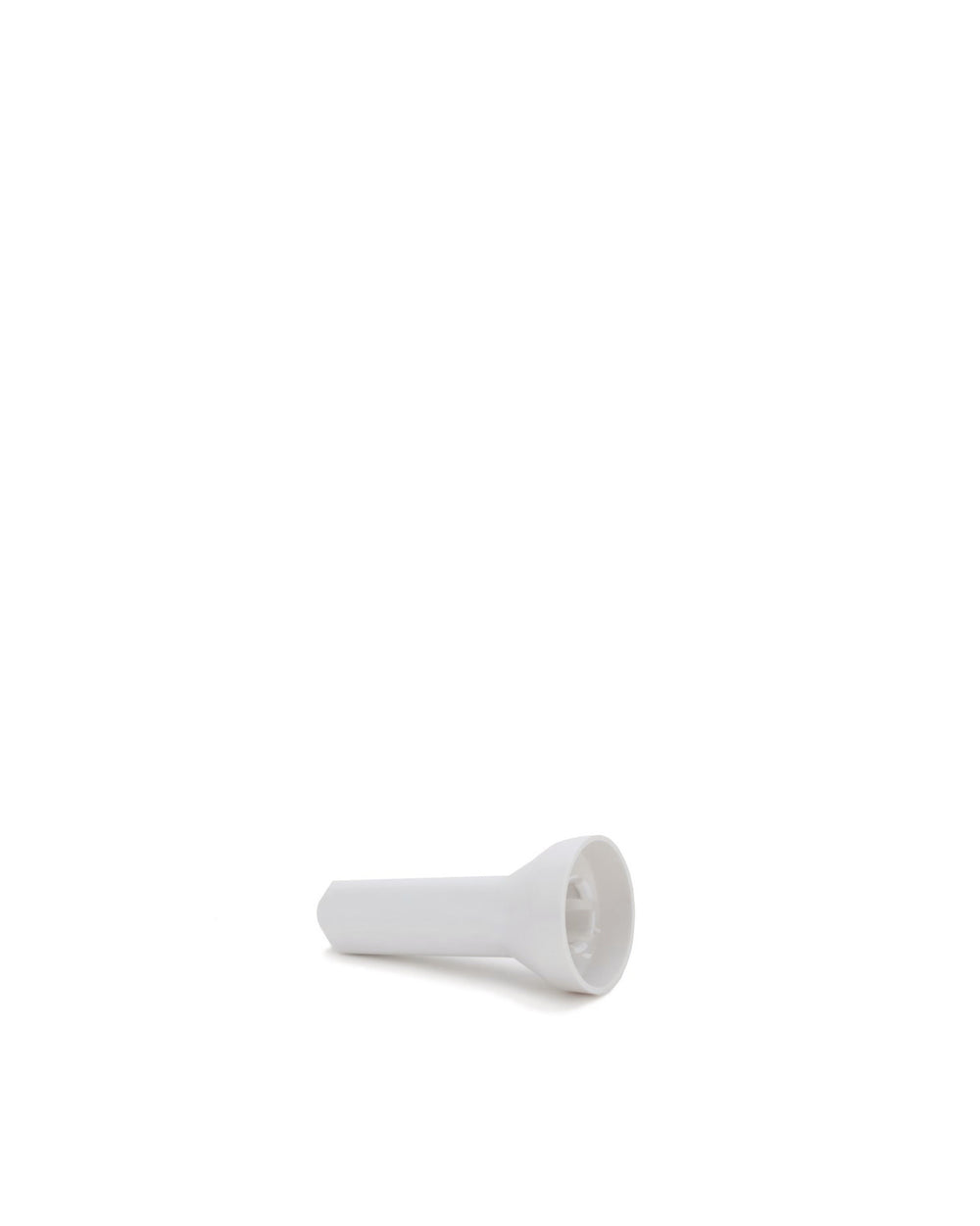 White plastic spare part by Alessi, a tapered cylindrical component with a flared open end.