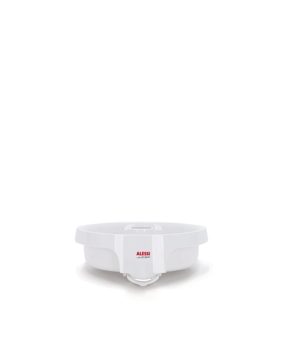 White juicer collection basin by Alessi, with a clear spout and red 'Alessi Juicer' text.