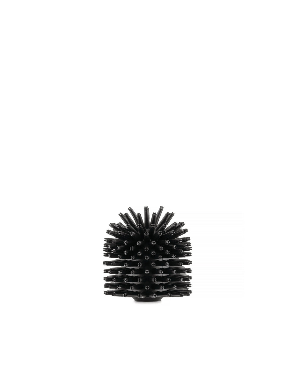 Black cylindrical brush head by Alessi with dense, flexible bristles on a white background.