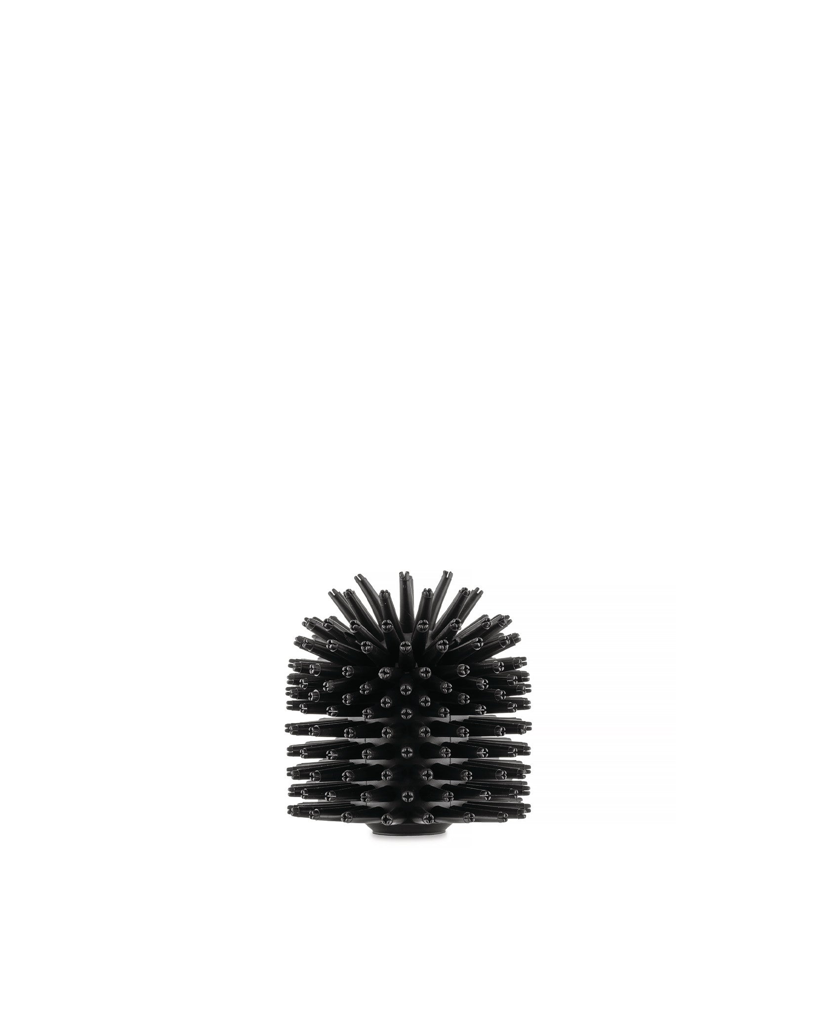 Black cylindrical brush head by Alessi with dense, flexible bristles on a white background.