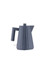 Dark grey electric kettle by Alessi with a vertical pleated texture.