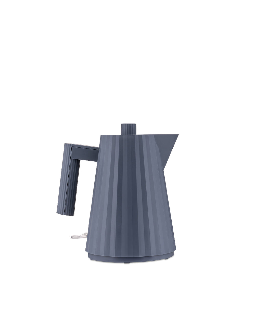 Dark grey electric kettle by Alessi with a vertical pleated texture.
