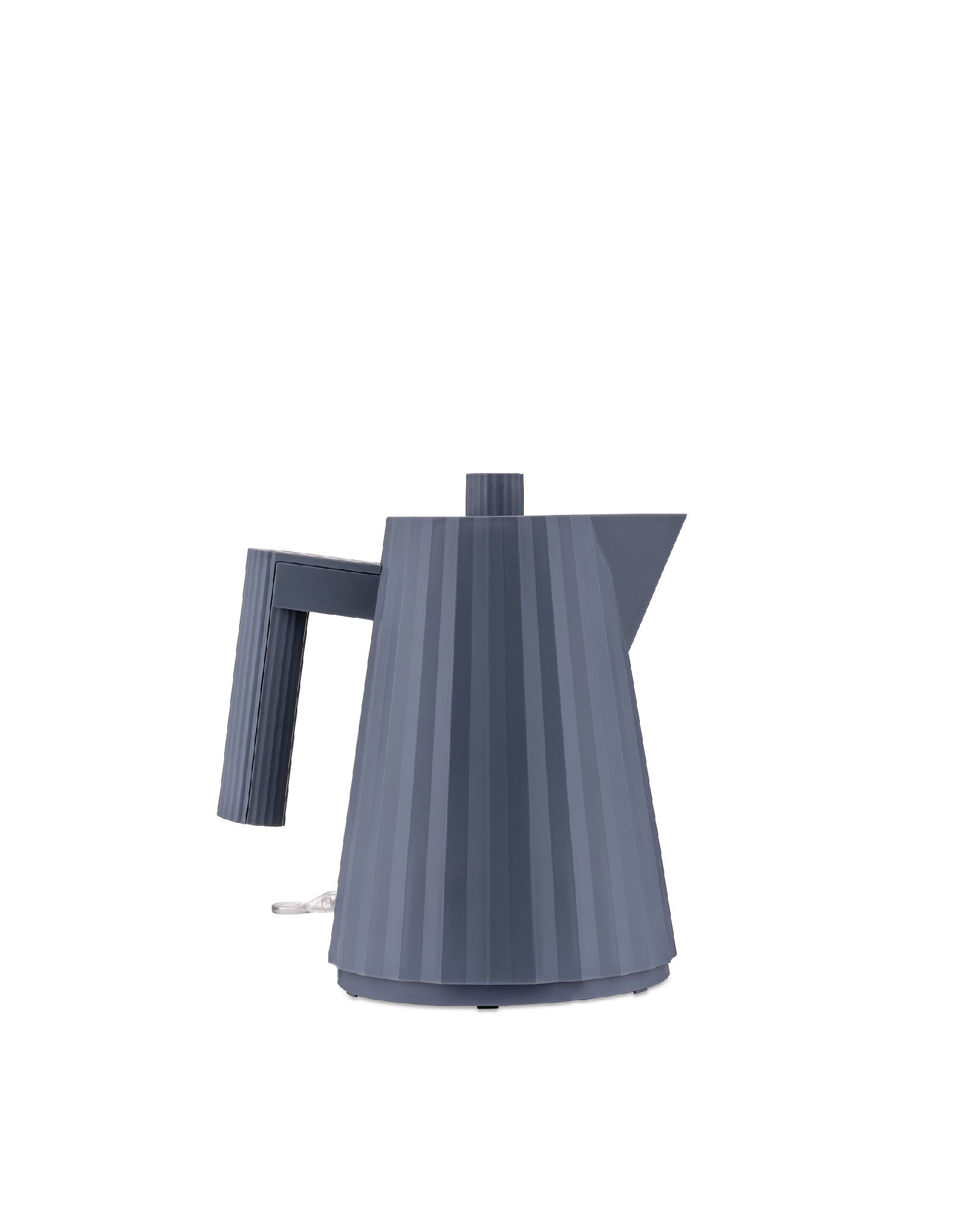 Dark grey electric kettle by Alessi with a vertical pleated texture.
