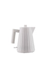 White electric kettle by Alessi, featuring a distinctive vertical pleated design, shown front-on.