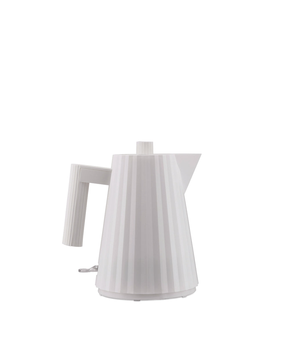 White electric kettle by Alessi, featuring a distinctive vertical pleated design, shown front-on.