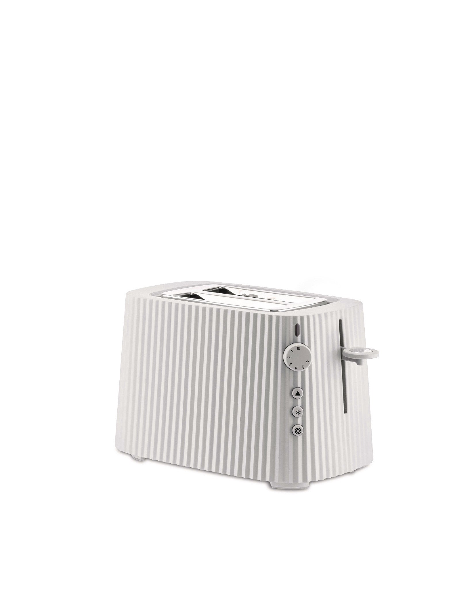 Elegant gestalteter Statement-Toaster in Weiß. Elektrischer Zwei-Scheiben-Toaster von Michele De Lucchi mit seinem ikonischen, gefalteten Design.