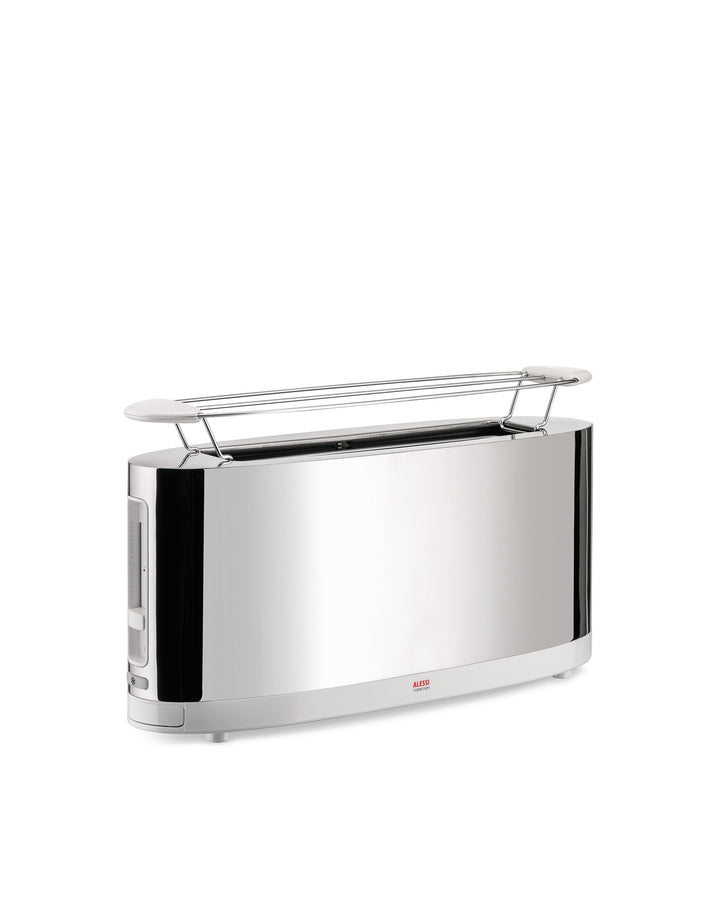 Der Toaster SG68 hat ein gewölbtes Gehäuse aus verspiegeltem Edelstahl und einen weißen Kunststoffsockel. Er kann zwei Scheiben Brot toasten und verfügt über einen Grill über den Toastschlitzen zum Aufwärmen von Brötchen.
